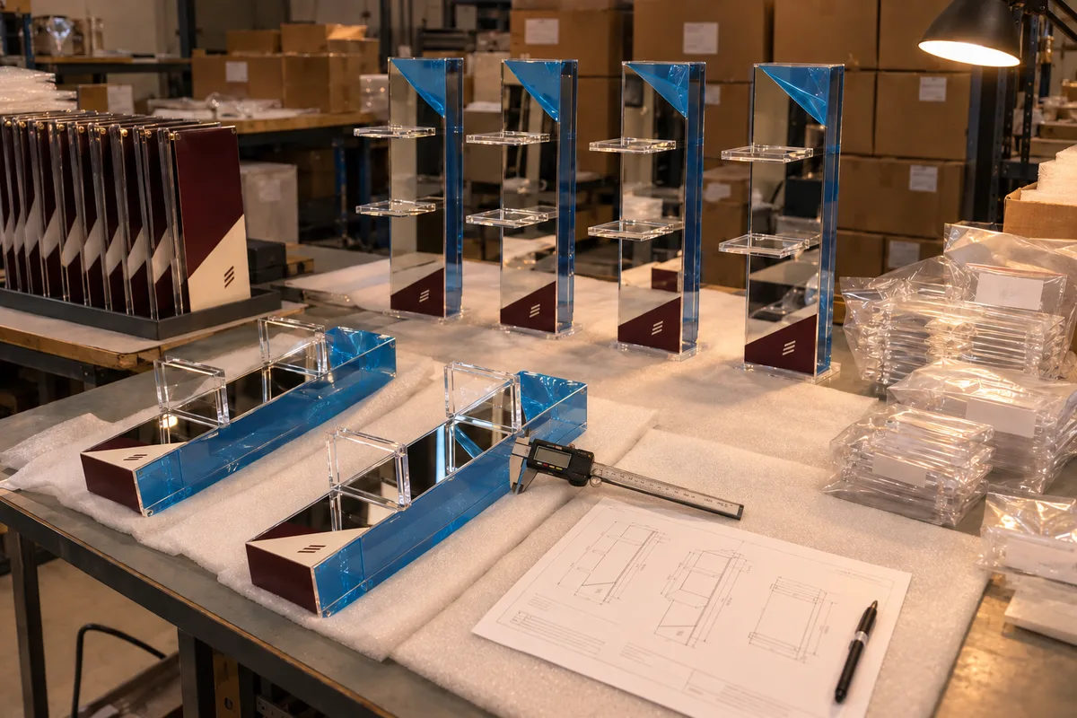 Freestanding multi-level mirror-finish acrylic sneaker pillar with acrylic shelves from this order lined up on the QC table before packing