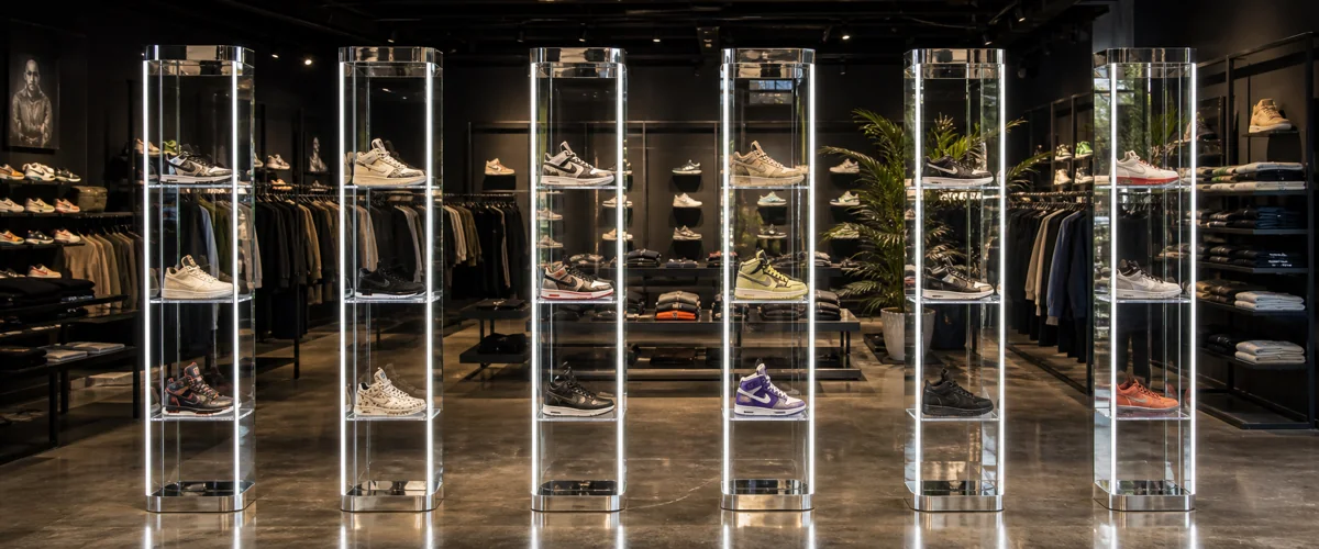 Mirror-Finish Sneaker Display Pillar: 24-Unit Streetwear Boutique Rollout