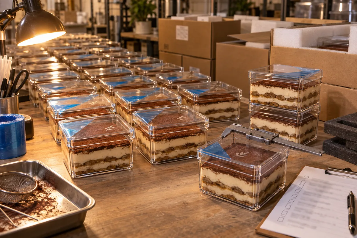 Lidded acrylic tiramisu display boxes from this order lined up on the QC table before packing