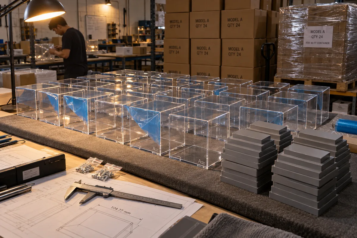 Three-part shelf-bolted diorama display case: clear acrylic cover over a vacuum-formed ABS stepped riser on a screw-secured base from this order lined up on the QC table before packing