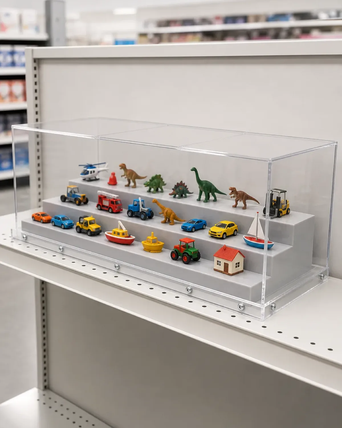 Clear acrylic diorama display case with a stepped ABS riser insert holding miniature toy pieces on a retail shelf, three-part 610 x 305 x 305 mm PMMA case with screw-secured base