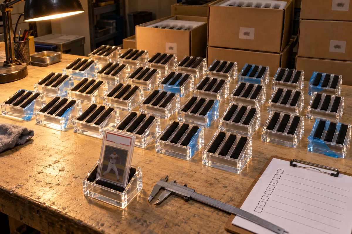 Triple-slot PSA graded-card slab display block from this order lined up on the QC table before packing