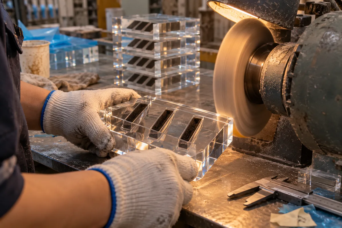 Diamond polishing the edge of a thick clear acrylic slab display block