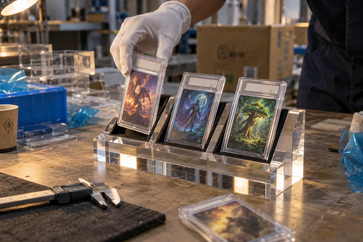 Seating a graded card slab into an angled slot of a clear acrylic display block