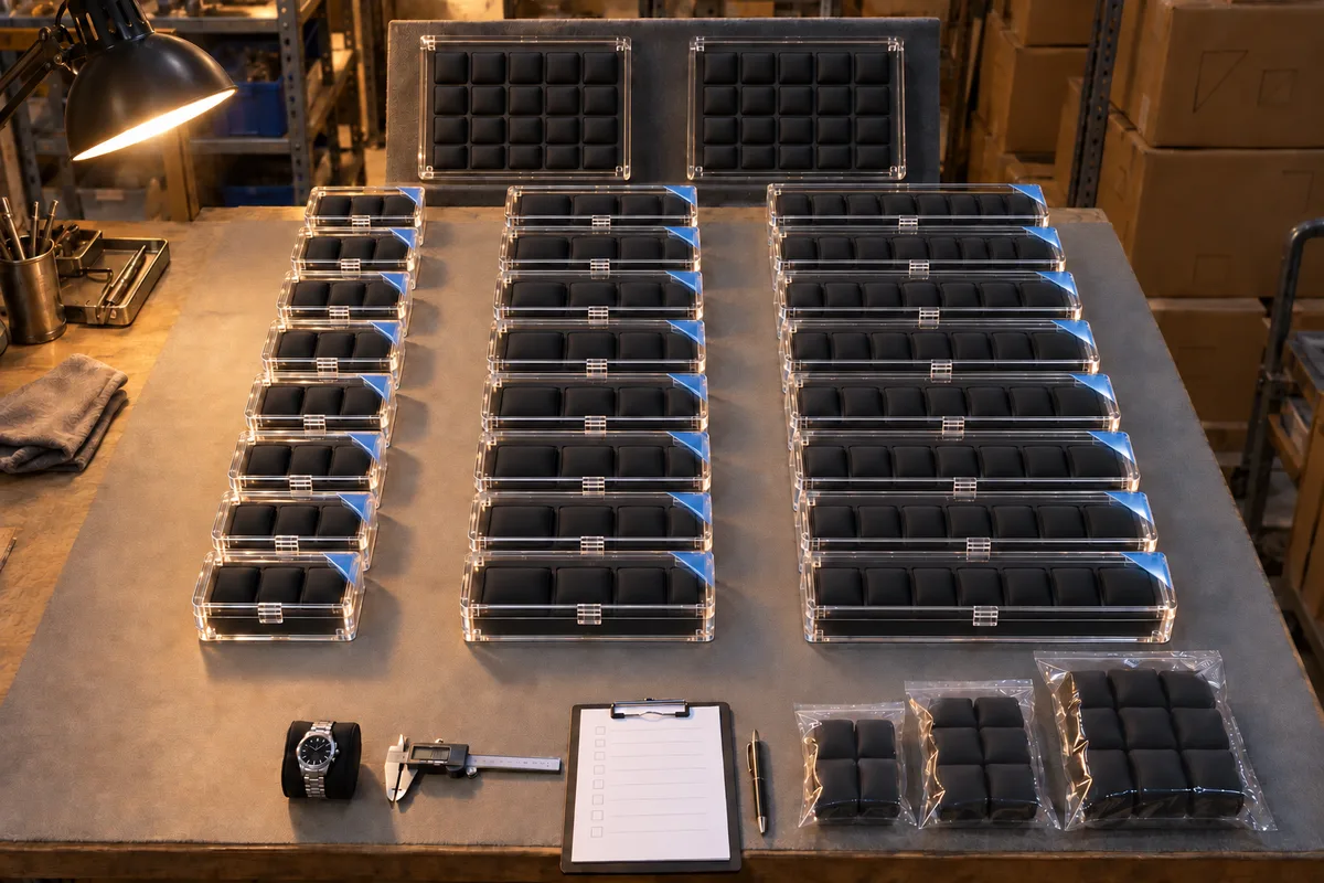 Family of acrylic watch collector cases: 3- from this order lined up on the QC table before packing