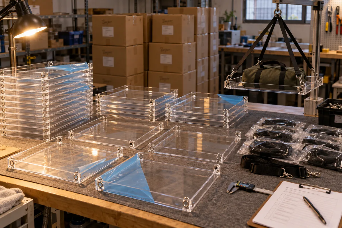 Wearable acrylic catering tray with over-the-shoulder four-anchor strap harness from this order lined up on the QC table before packing
