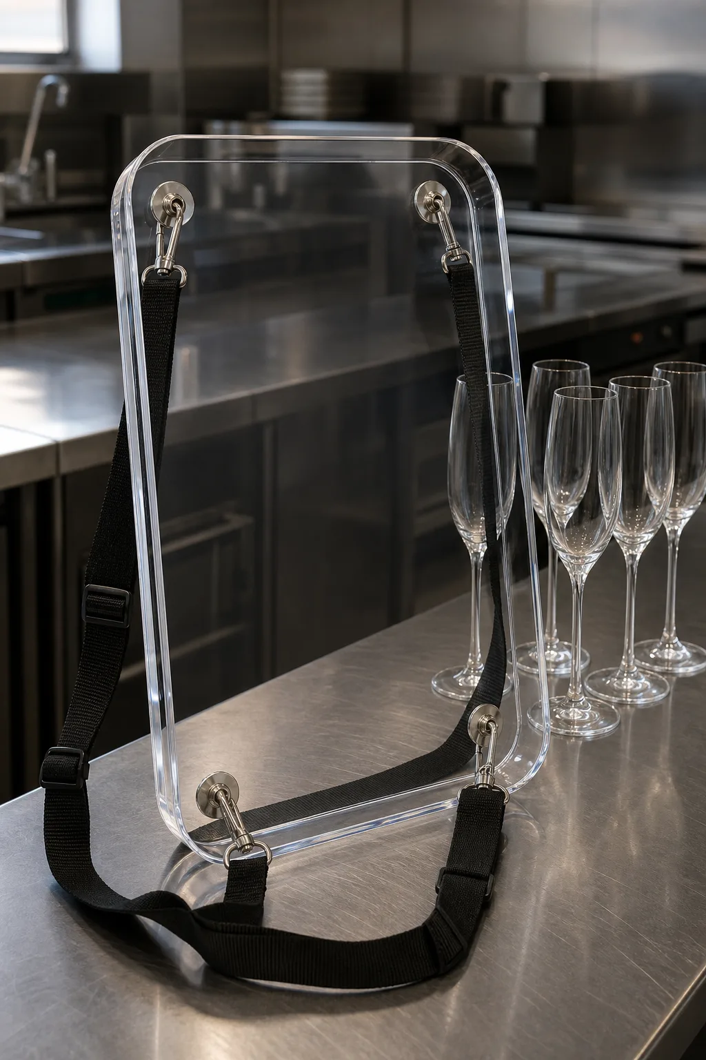 Wearable clear acrylic catering tray with shoulder strap clipped to stainless eyelet anchors, plexiglass serving tray for event service