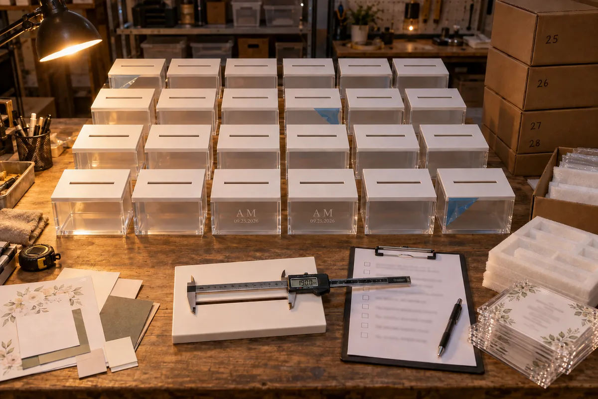 Slot-top acrylic wedding card box from this order lined up on the QC table before packing