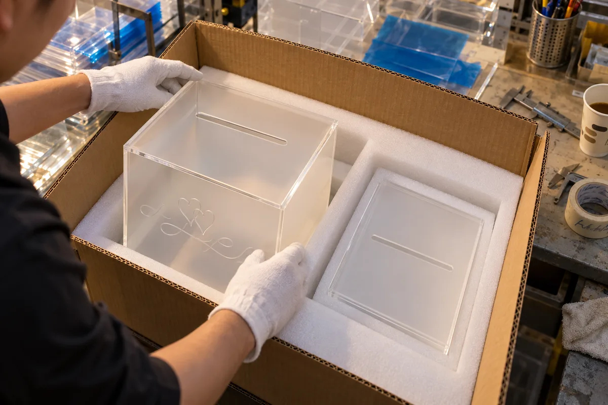 Acrylic wedding card box in a fitted foam tray inside a double-wall carton