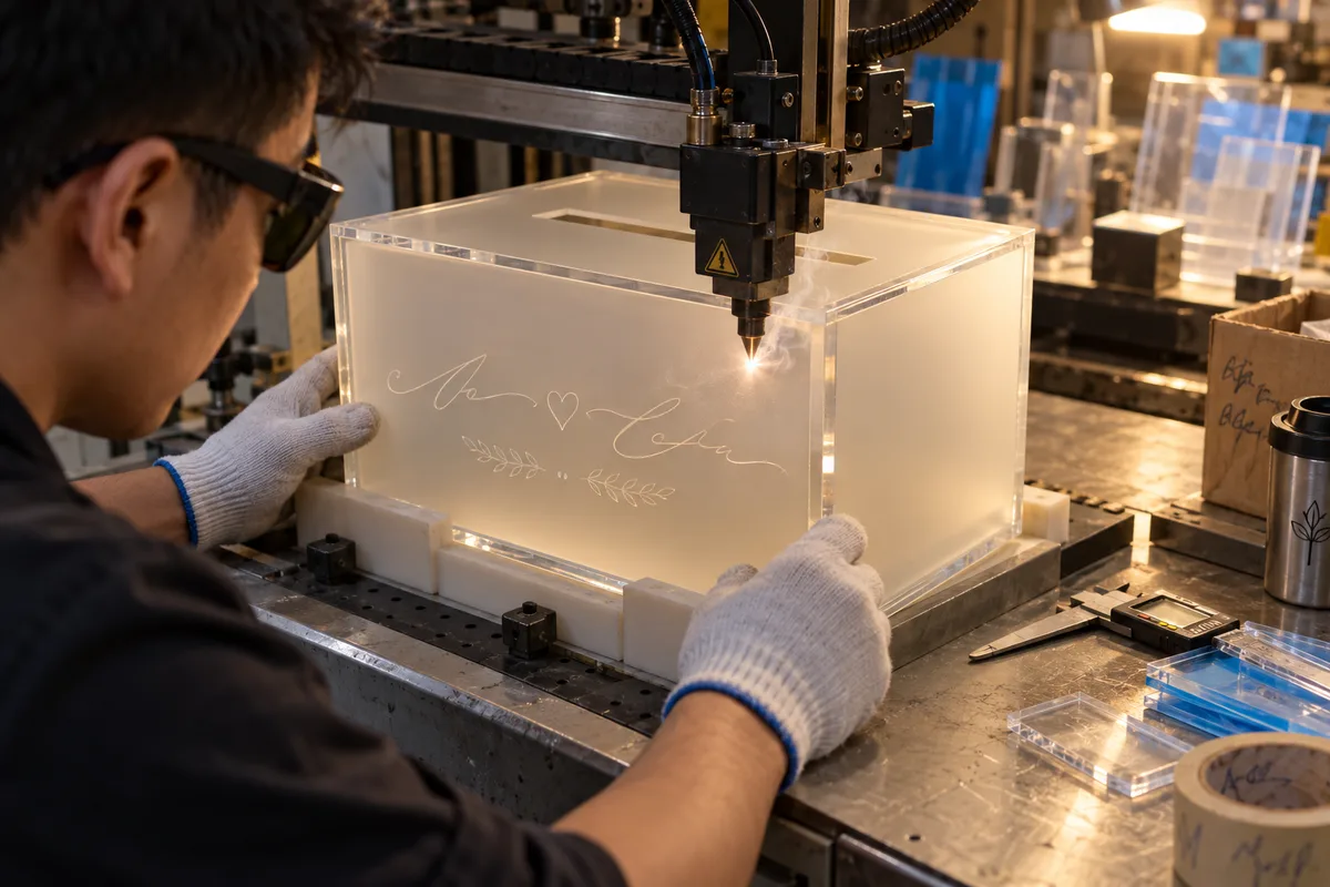 Laser engraving names on the front panel of an acrylic wedding card box