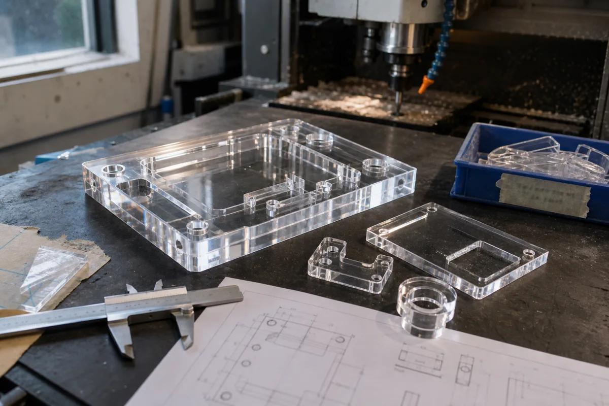 Clear cast-acrylic CNC parts beside calipers and a dimensioned production drawing at a factory machining station