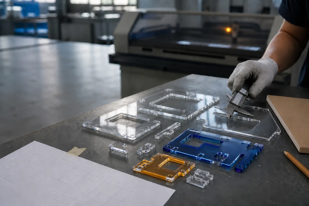 Clear and colored laser-cut acrylic profiles beside a vector production drawing on a factory worktable