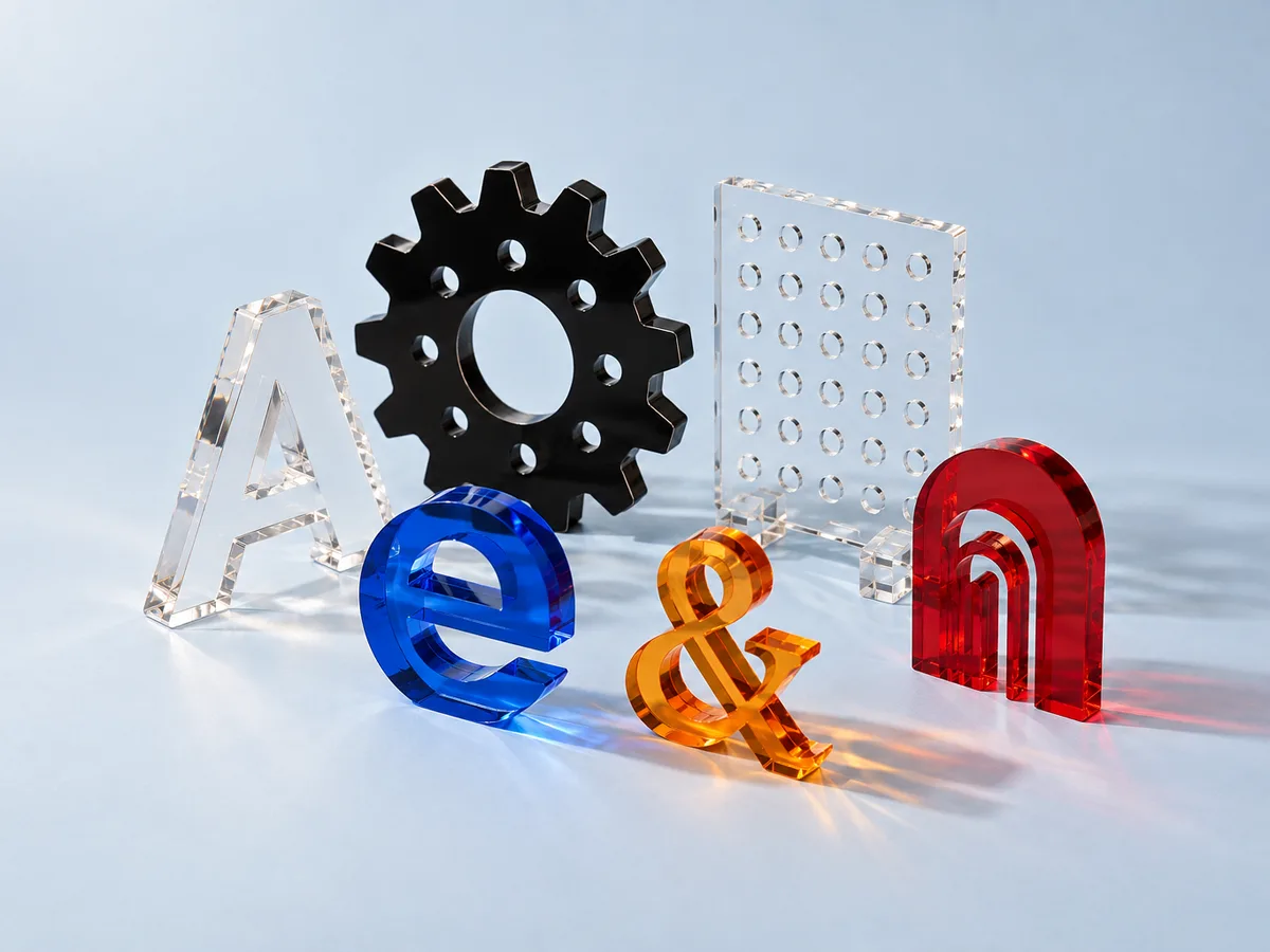 Laser-cut acrylic parts: clear, blue, orange and red cut letters, a black gear-shaped panel and a perforated clear panel