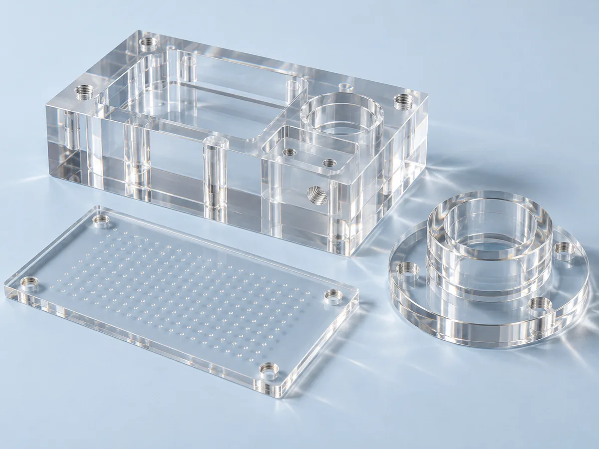 CNC-machined clear acrylic parts: a thick block with milled pockets and tapped holes, a plate with an engraved dot pattern and a flanged round part