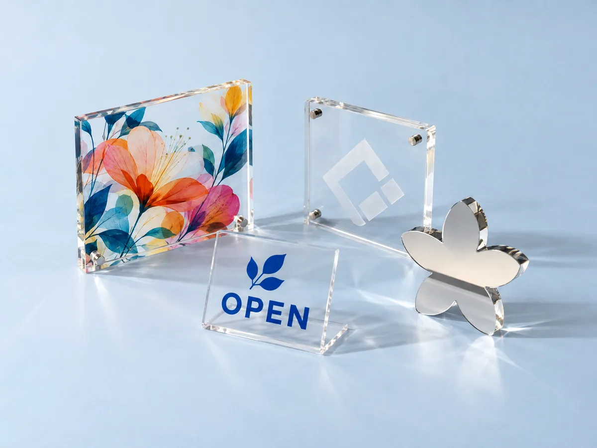 Decorated acrylic parts: a UV-printed floral block, a silkscreened OPEN sign, a frosted engraved logo panel and a mirror-acrylic flower
