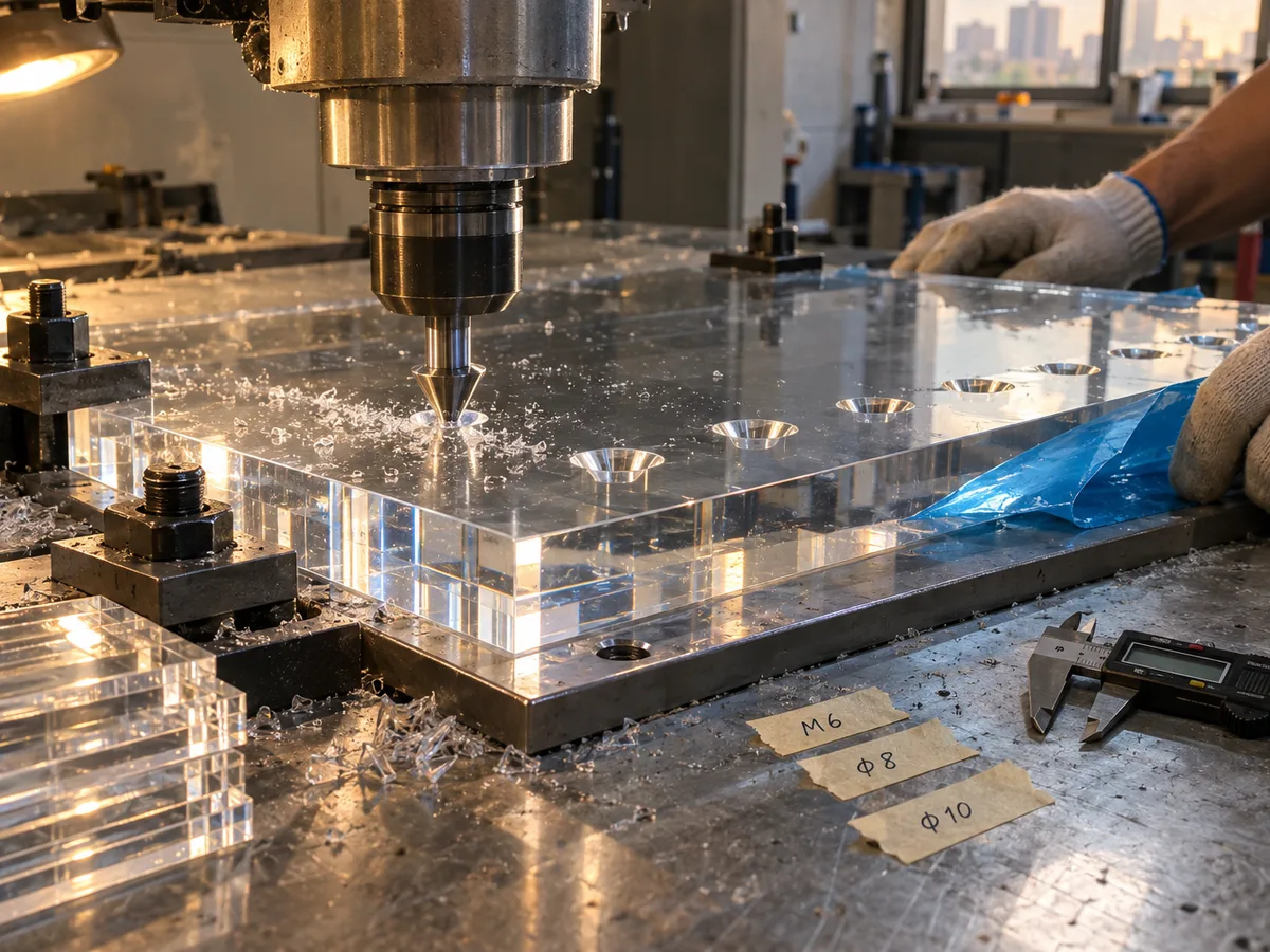A CNC countersink tool machining a row of countersunk holes into a thick clear acrylic plate