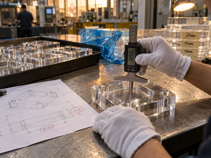 An inspector measuring the depth of a milled pocket in a clear acrylic part with a digital depth caliper, next to a drawing with the critical dimensions circled