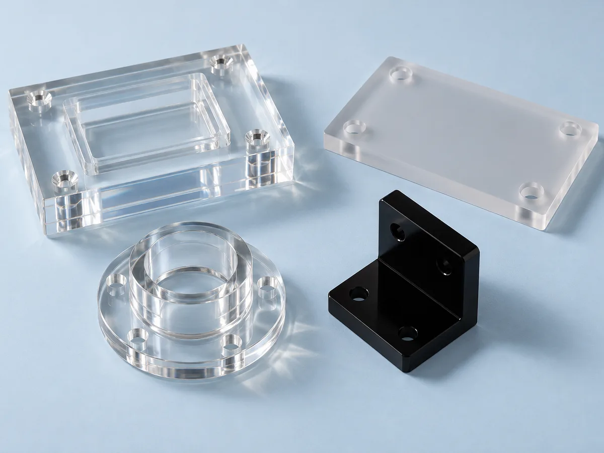 CNC-machined cast acrylic parts: a clear base with a stepped pocket and countersunk holes, a frosted panel, a flanged round part and a black bracket