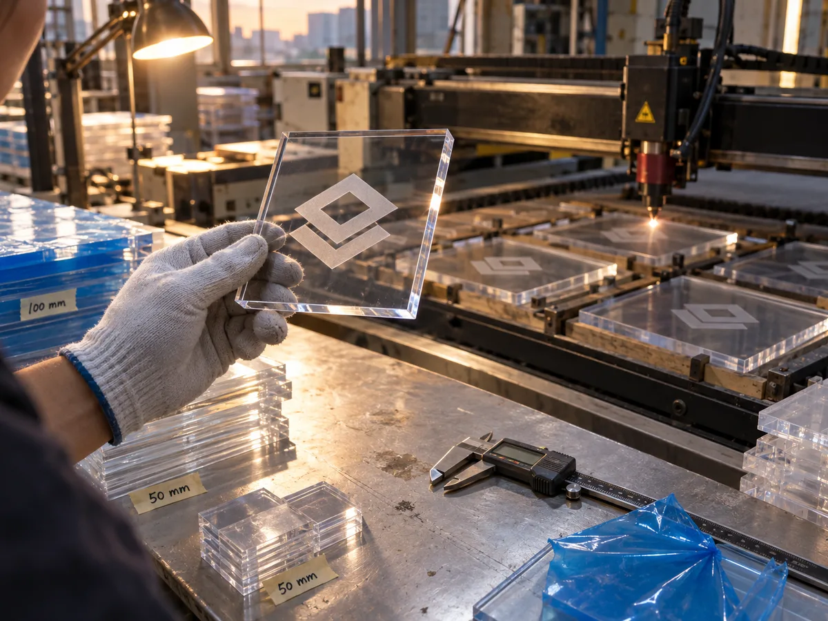 A CO2 laser engraving a geometric mark into clear acrylic panels in a jig, one engraved panel held up to the light