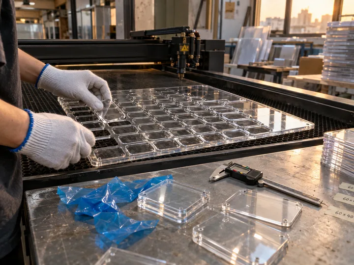 A worker lifting identical laser-cut clear acrylic parts out of a tightly nested sheet on the laser bed