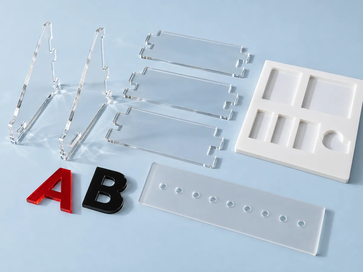 Laser-cut acrylic parts laid out: clear tab-and-slot stand panels, red and black cut letters, a white insert and a frosted strip with a row of holes