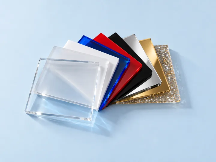 Cast acrylic sheet samples fanned out: clear, frosted, white, blue, red, black, silver mirror, gold mirror and glitter