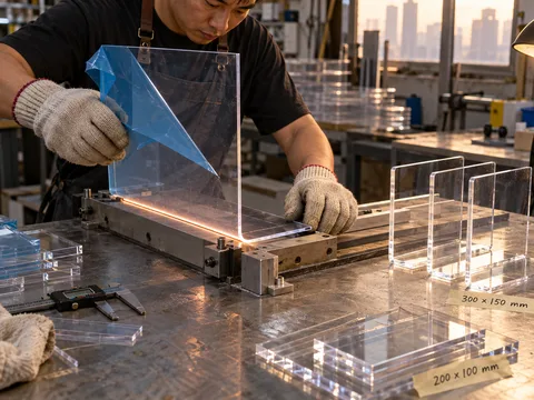 A worker heat-bending a clear acrylic sheet on a strip heater, with bent L-shaped parts nearby
