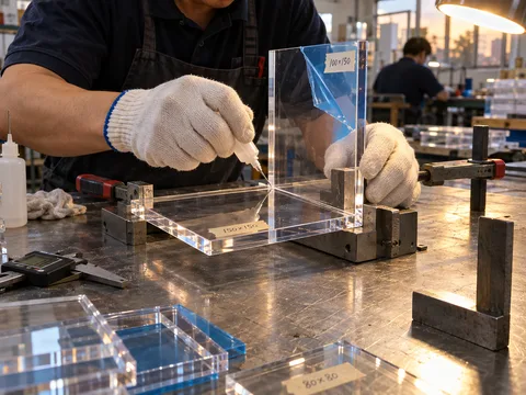 A worker solvent-bonding two clear acrylic panels at a right angle in a square fixture