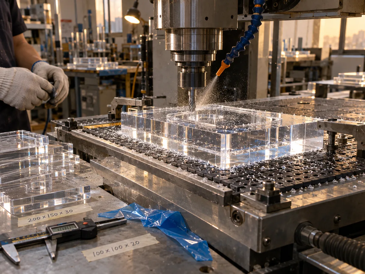A CNC spindle milling a pocket into a thick clear acrylic block clamped on the machine bed, with coolant mist