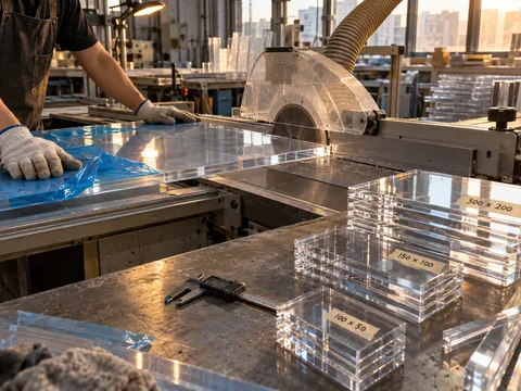 A worker feeding a clear acrylic sheet into a panel saw, with cut blanks labelled by size