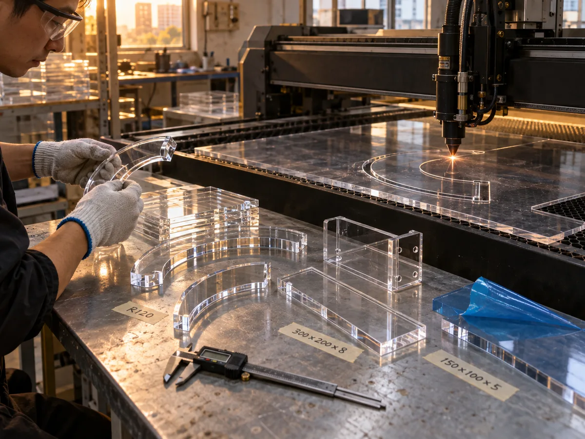 A CO2 laser head cutting a curved profile from clear acrylic sheet while a worker checks a cut arc part