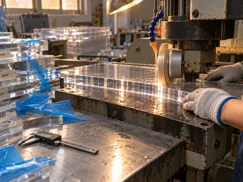 A diamond polishing wheel finishing the edge of a thick clear acrylic panel