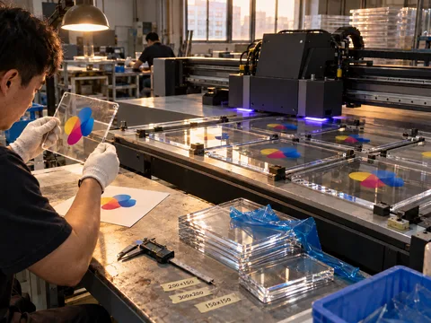 A UV flatbed printer printing a color logo onto clear acrylic panels while a worker checks a printed panel