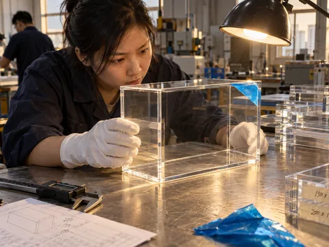 An inspector checking a finished clear acrylic box under an inspection lamp, with a caliper and drawing on the bench