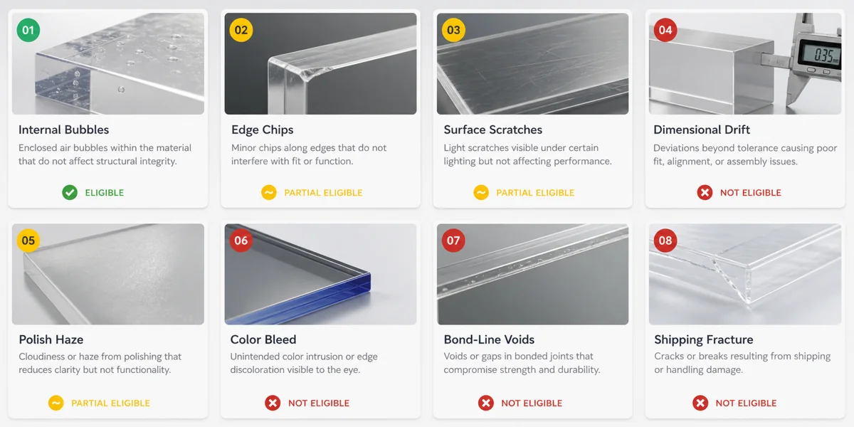 8 acrylic block defect categories arranged in a 4-by-2 grid — internal bubbles, edge chips, surface scratches, dimensional drift, polish haze, color bleed, bond-line voids, and shipping fracture — each card shows category name, brief description, and an RMA-eligibility status icon