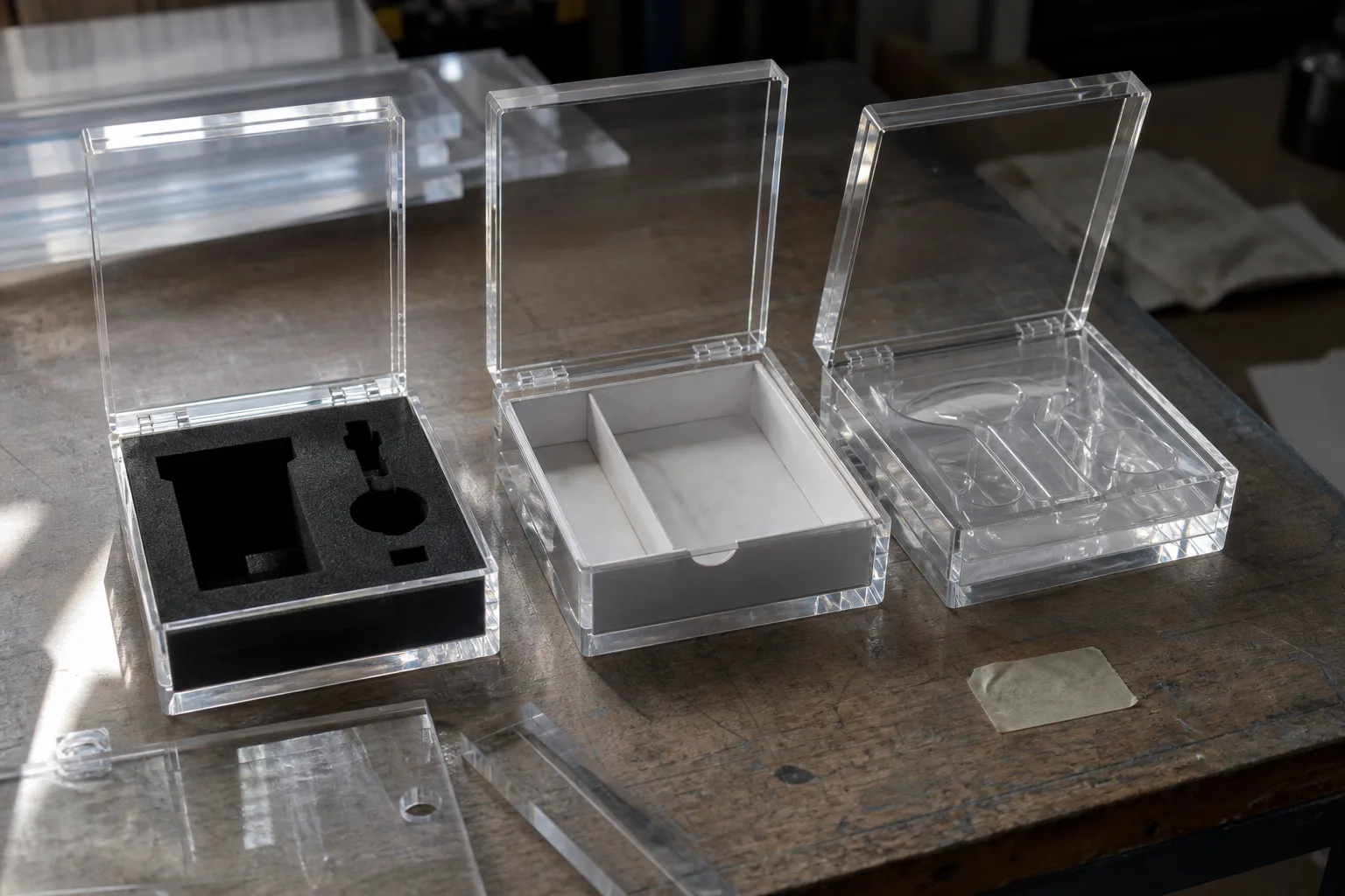 Acrylic box insert options with clear acrylic, foam, velvet, card, and hybrid product holders