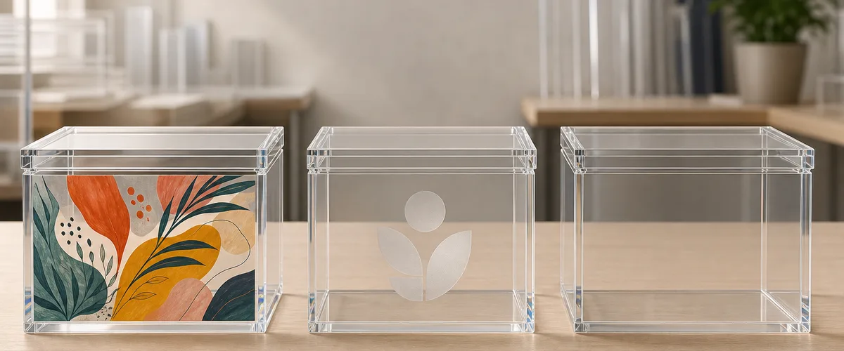 Custom printed acrylic boxes with UV-printed full-color artwork and gold lettering arranged on a workbench