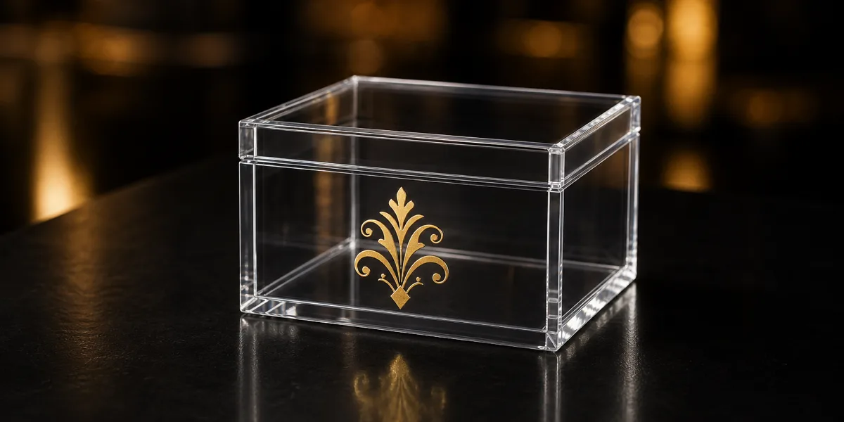 Metallic gold foil emblem hot-stamped on the front face of a clear custom acrylic gift box with fitted lid