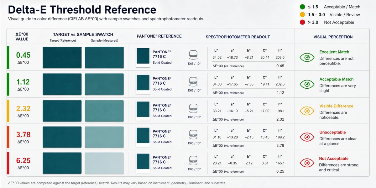 Delta-E threshold reference chart for acrylic color matching showing five swatch pairs at delta-E 0.5, 1.0, 1.5, 3.0, and 5.0 with visual perception captions and accept-reject decisions