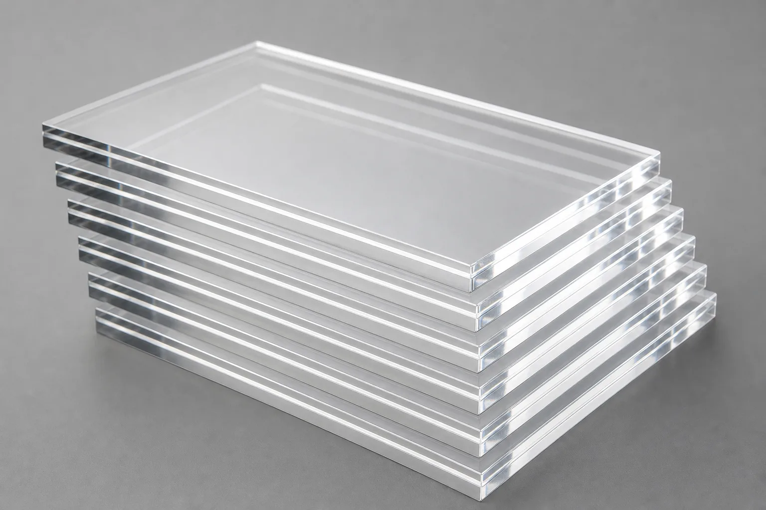 Stepped stack of identical clear cut-to-size cast acrylic PMMA rectangles with diamond-polished edges catching the light