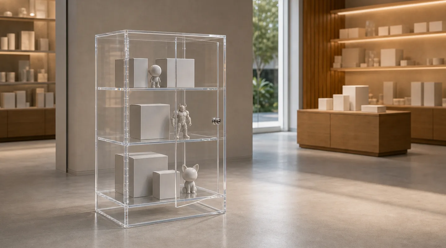 Floor-standing clear acrylic display cabinet with a hinged front door ajar, cam lock on the door edge, and three shelves holding collectible figures in a showroom