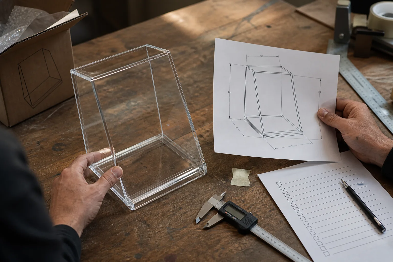 Procurement team reviewing a clear acrylic display case sample, dimensioned drawing, inspection sheet, and carton plan