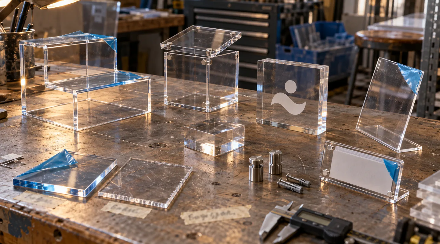 Custom acrylic sample parts on a factory workbench: a two-tier riser, a magnetic-lid cube box, a logo block, a sign holder, a plinth block, standoff pins and edge swatches