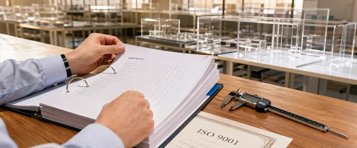 B2B procurement manager reviewing an acrylic display manufacturer's audit binder on a factory mezzanine, with assembled case prototypes visible in the background