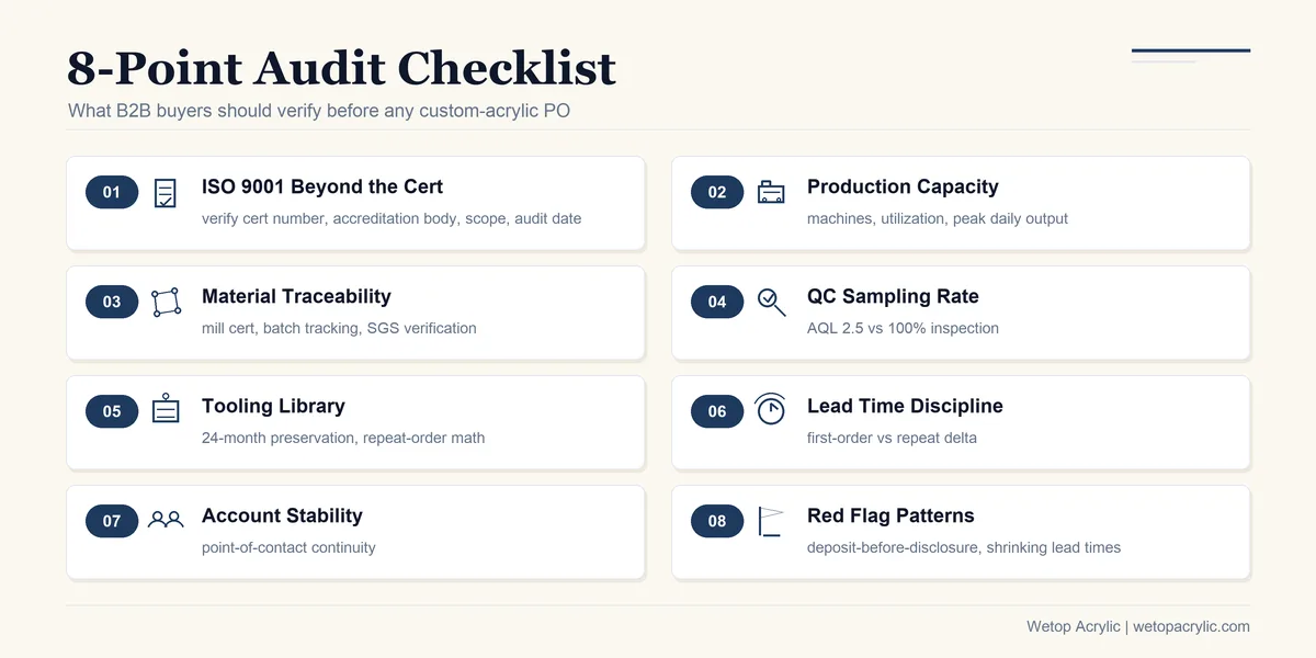 8-Point Audit Checklist for B2B acrylic display manufacturer verification — eight numbered cards covering ISO 9001 verification, production capacity, material traceability, QC sampling rate, tooling library, lead time discipline, account stability, and red flag patterns
