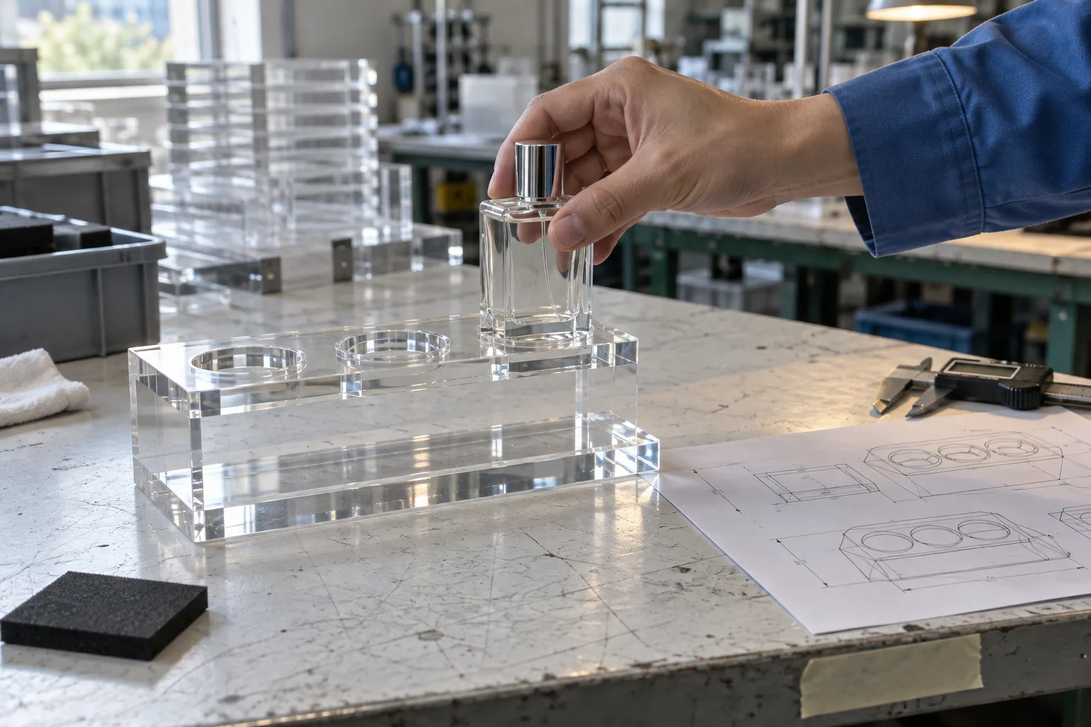 Clear acrylic bottle display stand on a factory sample bench, a technician test-fitting an unbranded glass perfume bottle into a routed well beside a caliper and a dimensioned drawing