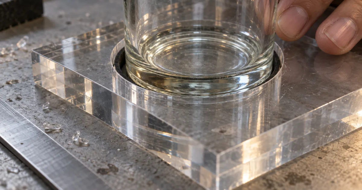 Macro of a routed well in a thick clear acrylic display stand plate lined with a black closed-cell foam ring, an unbranded glass bottle base seated inside with a visible clearance gap
