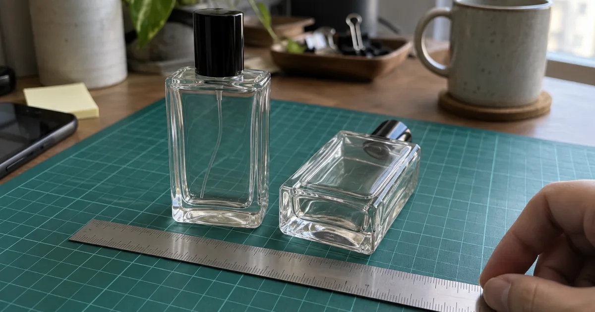 Reference photo for an acrylic bottle display quote: an unbranded glass perfume bottle standing on a cutting mat beside a steel rule, a second bottle on its side showing the base