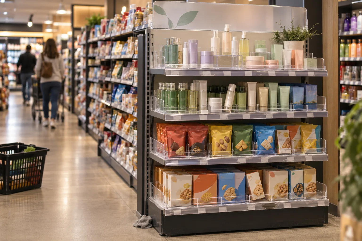 Supermarket aisle end cap merchandised with clear acrylic shelf dividers, front fences, shelf-edge price strips, risers and a frosted acrylic header panel