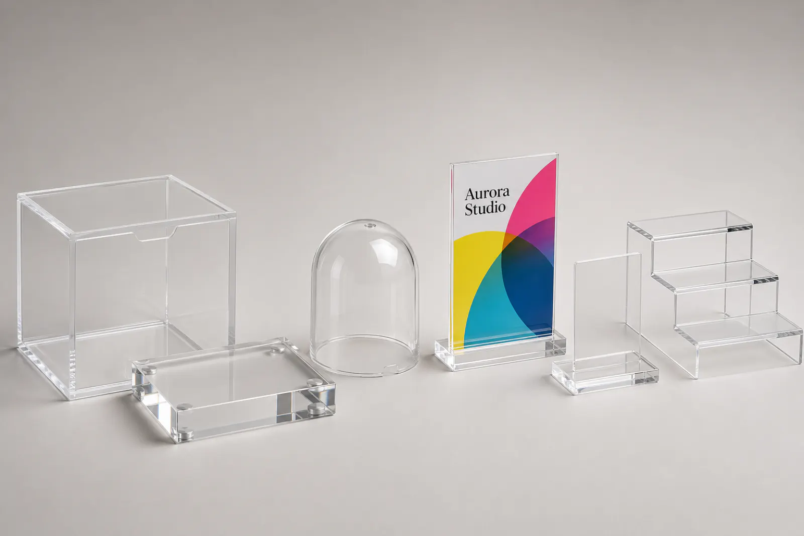 Finished custom acrylic product lineup showing a clear display case, thermoformed dome, UV-printed display panel, sign holder, risers, and polished CNC base made from combined fabrication techniques